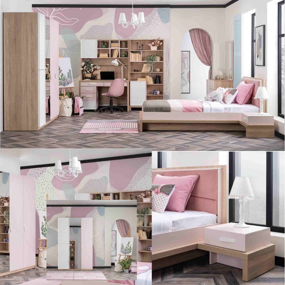 طقم غرفة نوم للفتيات بتصميم أنيق (لون كريمي مع تفاصيل ذهبية وقماش مخملي)