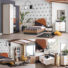 طقم غرفة نوم شبابية بتصميم هندسي حيوي (خشب طبيعي، أبيض، ورمادي مع لمسات برتقالية)
