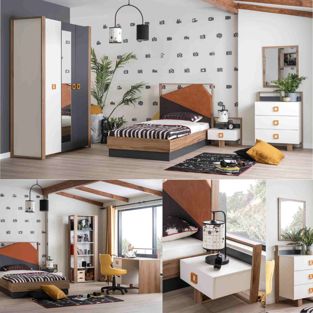 طقم غرفة نوم شبابية بتصميم هندسي حيوي (خشب طبيعي، أبيض، ورمادي مع لمسات برتقالية)